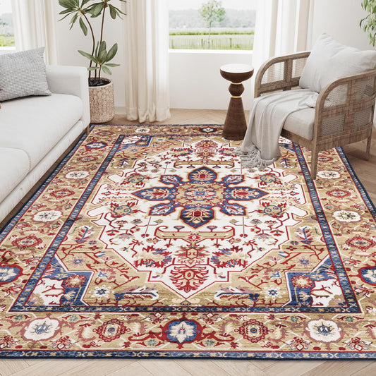 6×9 Vintage Bohemian Persian Area Rug | Washable Non-Slip Floral Design in Blue & Gold — For Living Room, Bedroom & Kitchen