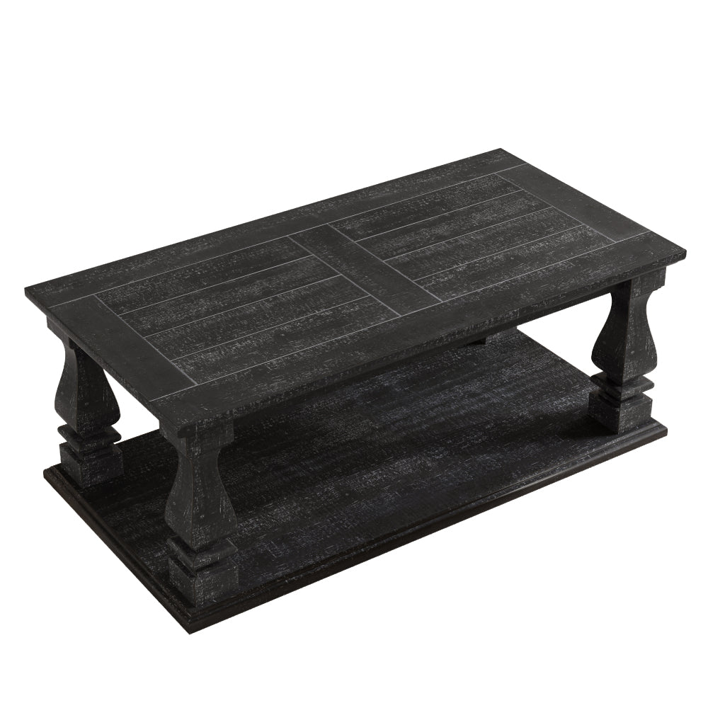 Farmhouse Coffee Table with Storage Shelf 47" Rustic Solid Wood Planked Top & Square Baluster Legs