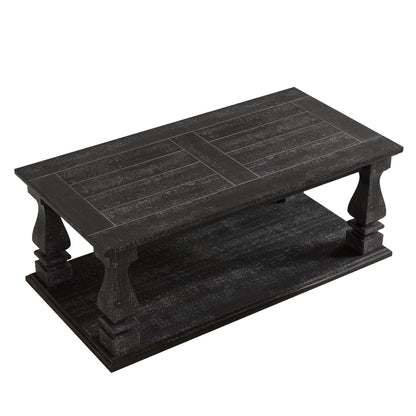 Farmhouse Coffee Table with Storage Shelf 47" Rustic Solid Wood Planked Top & Square Baluster Legs