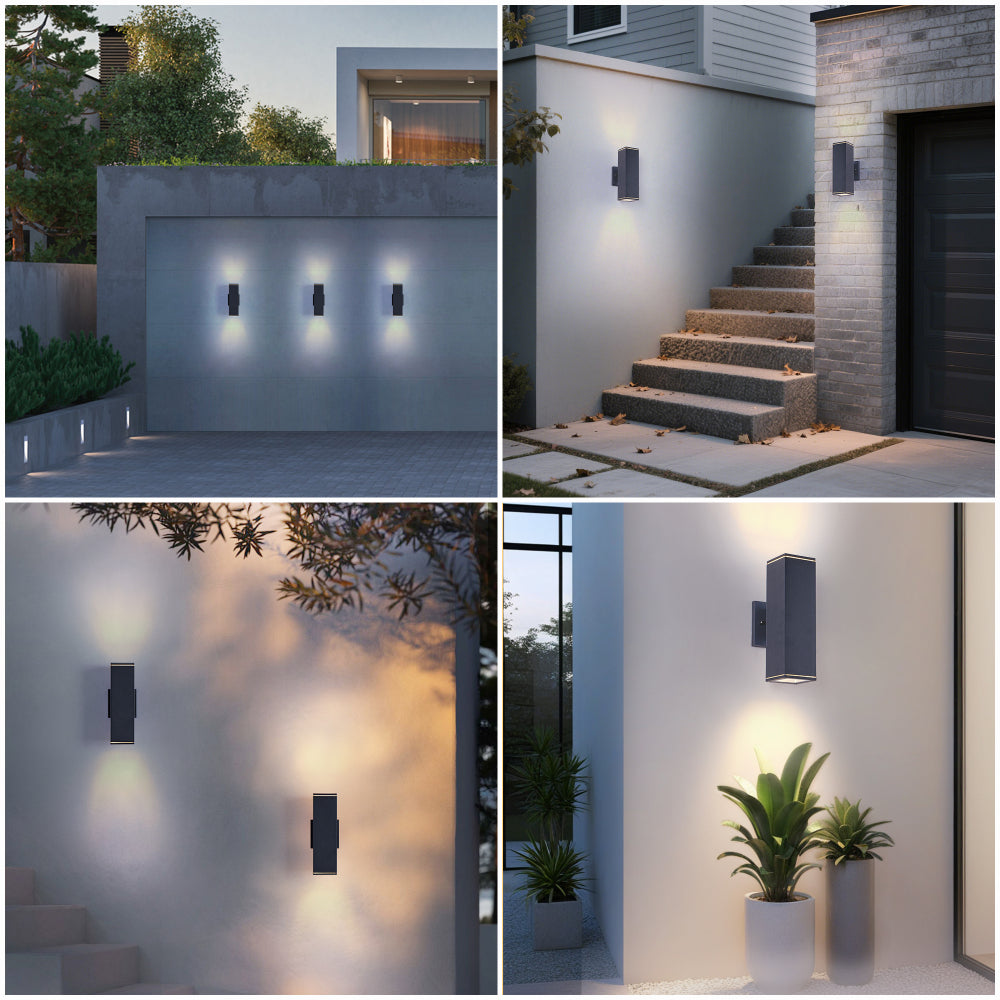 Modern Square Outdoor Wall Light | Up & Down Cylinder Aluminum Sconce — 3 Sizes, Waterproof Exterior Light for Porch, Patio & Garage (2-Pack)