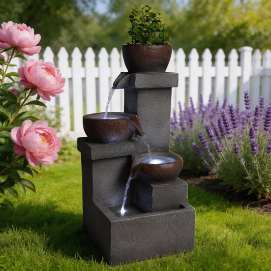 Tiered Cascading Jar Outdoor Fountain with LED Lights | Resin Stone-Look Waterfall with Planter Top — Garden, Patio & Entryway Decor