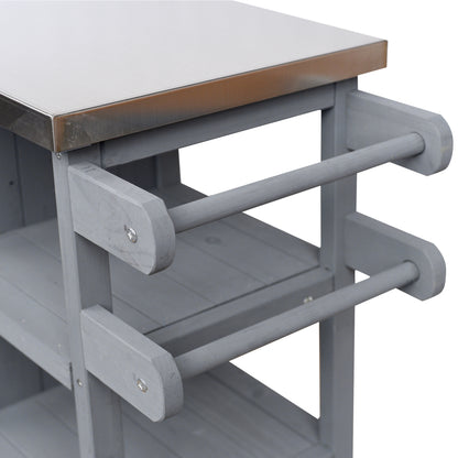 Foldable Outdoor Kitchen Island with Stainless Steel Top | Rolling Cart with Storage Cabinet, Open Shelves & Towel Rack — Grey