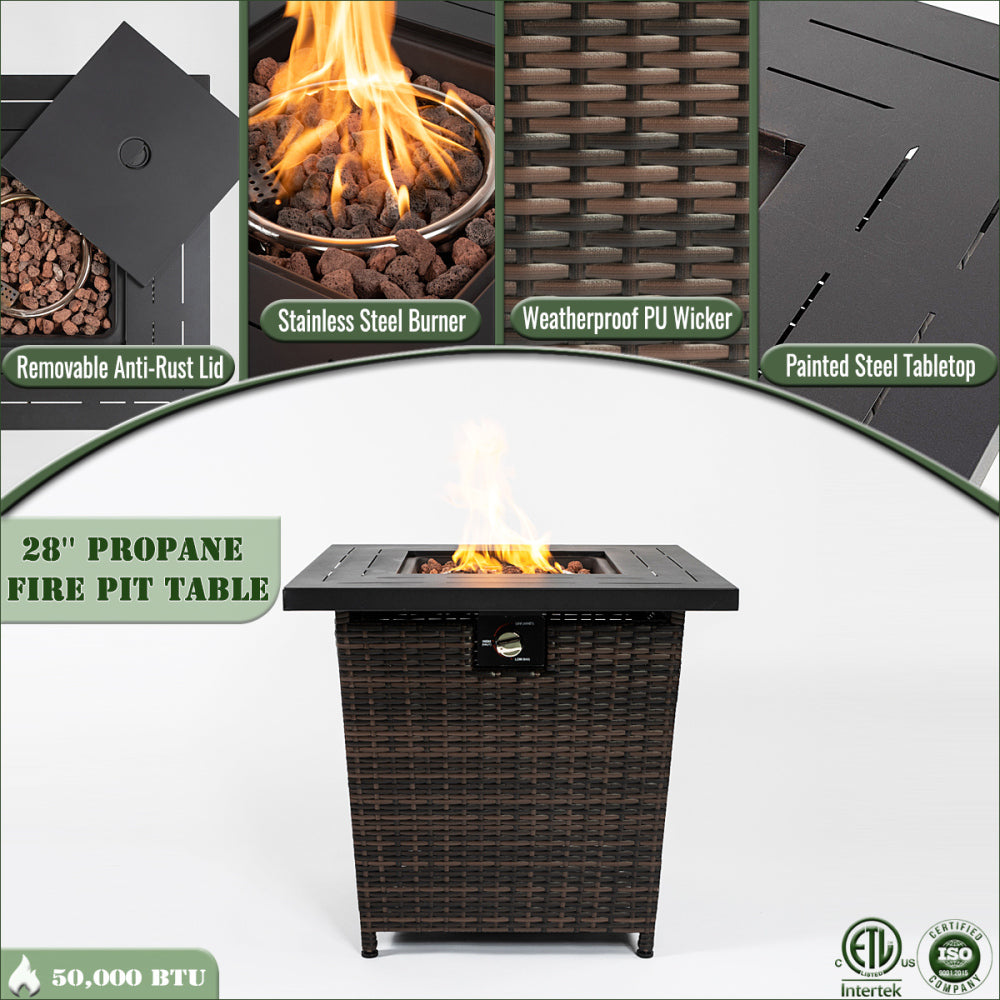 28" Square Propane Fire Pit Table | 50,000 BTU Wicker & Steel Fire Table with Decorative Stones & Steel Lid — Black