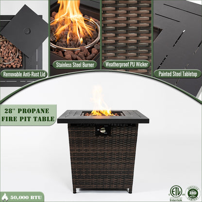 28" Square Propane Fire Pit Table | 50,000 BTU Wicker & Steel Fire Table with Decorative Stones & Steel Lid — Black