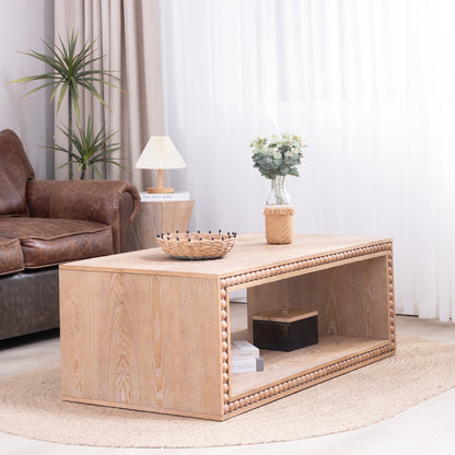 Rustic Beaded Edge Coffee Table with Open Storage Shelf | 47.6" Farmhouse Center Table — Natural Wood Finish