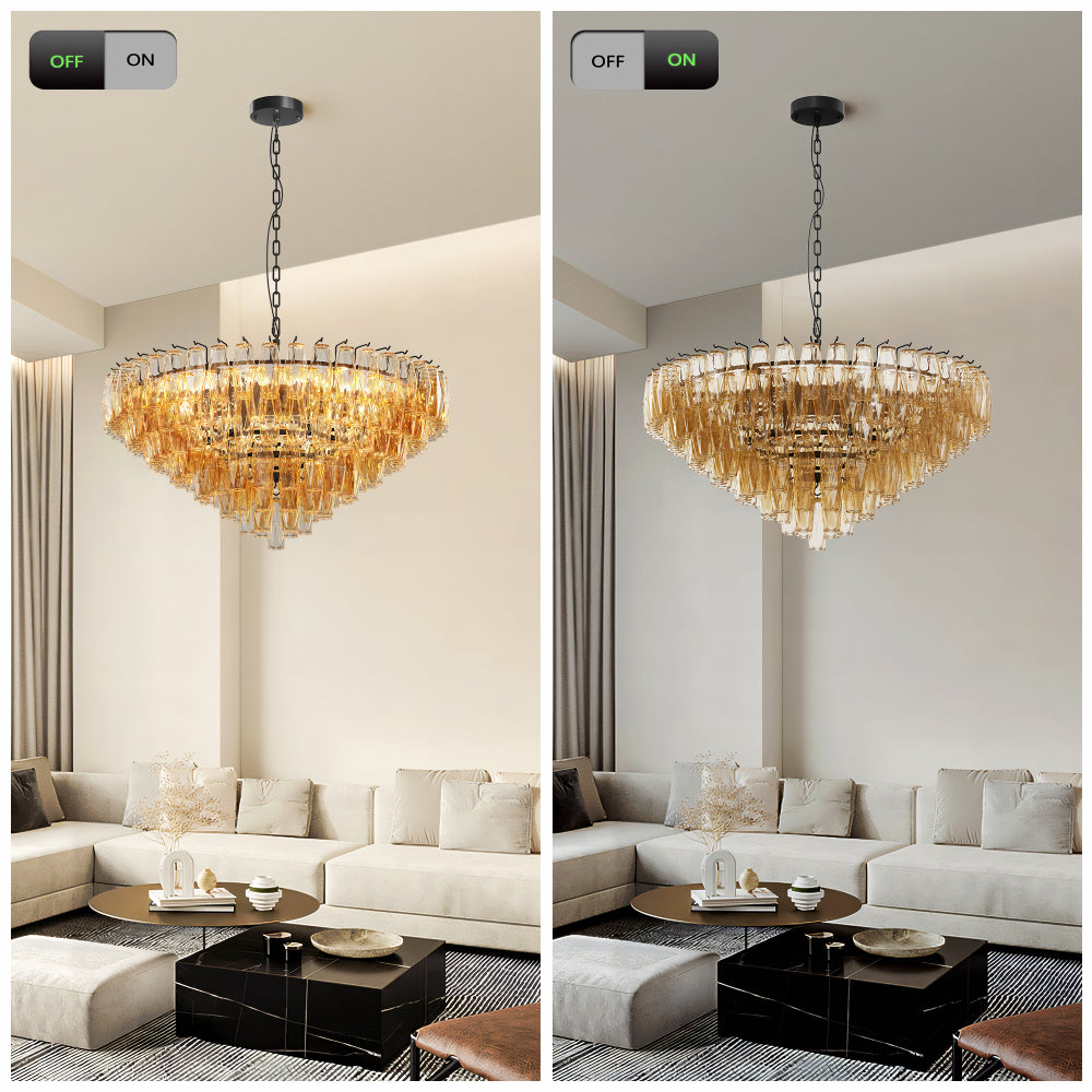 Tiered smoke glass chandelier with gold metal frame, 14-light round, displayed in modern living room with lights on and off