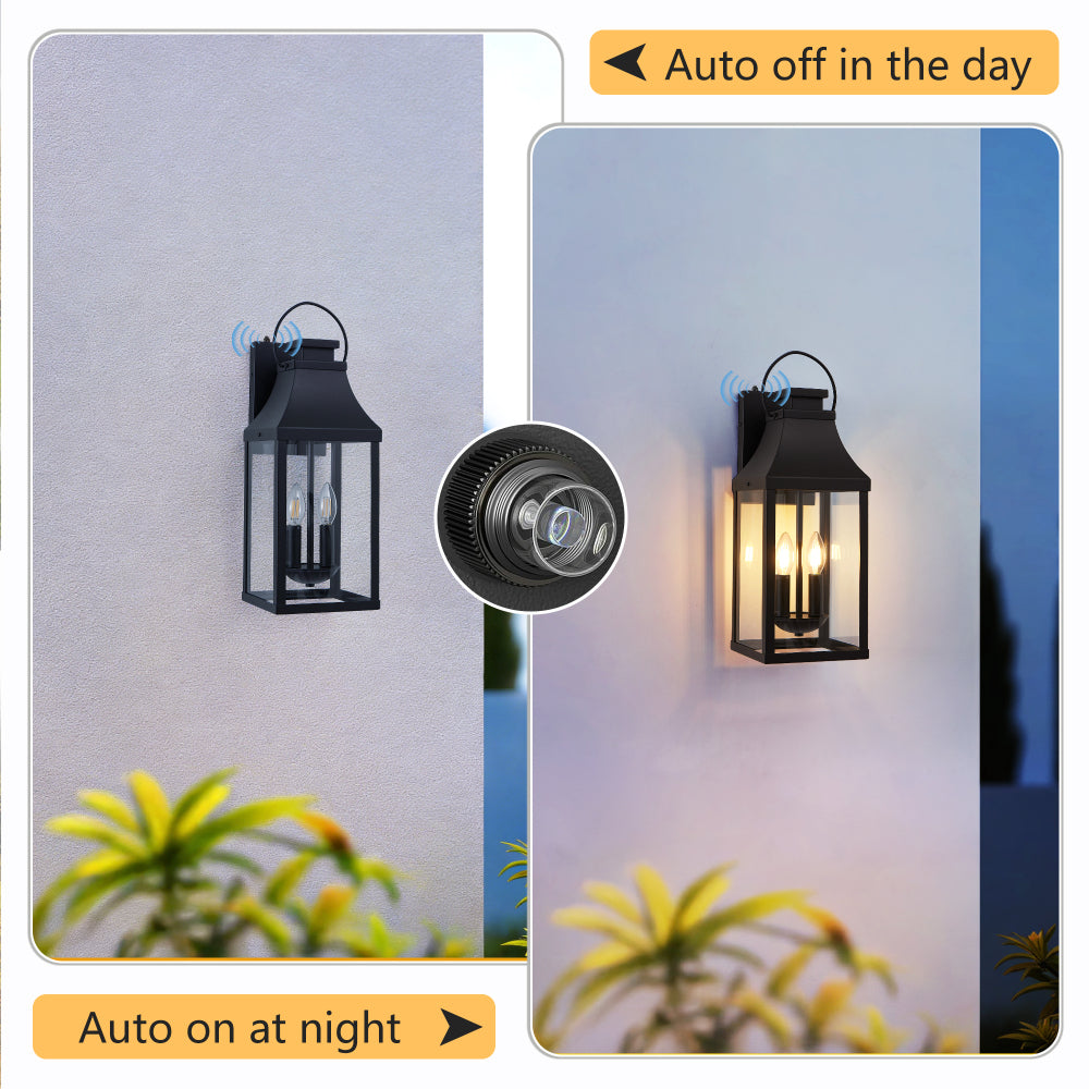 20" Dusk-to-Dawn Outdoor Wall Light | 2-Light Black Waterproof Porch Sconce with Tempered Glass — Garage, Patio & Front Door (1 or 2 Pack)