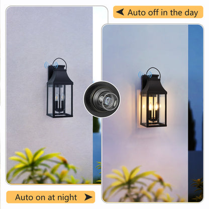 20" Dusk-to-Dawn Outdoor Wall Light | 2-Light Black Waterproof Porch Sconce with Tempered Glass — Garage, Patio & Front Door (1 or 2 Pack)