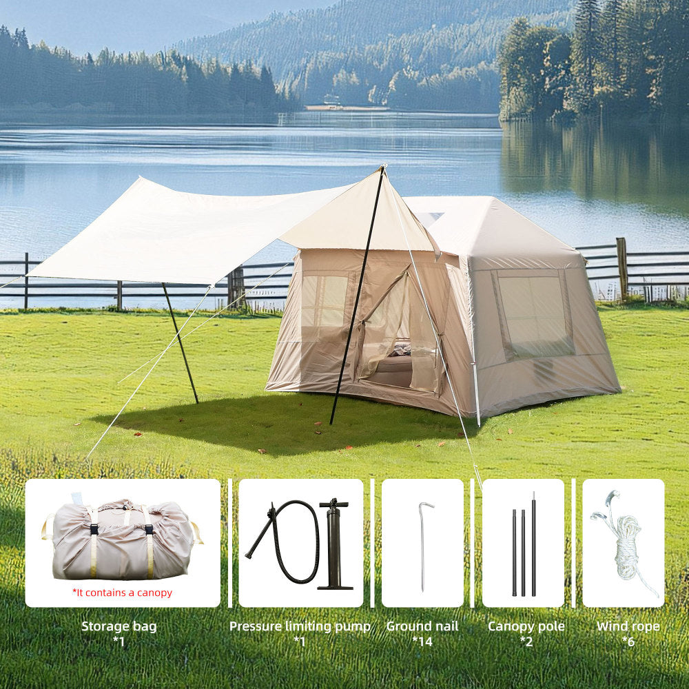 Inflatable Glamping Tent with Detachable Canopy & Skylight | 4-Season Waterproof Cotton Air Tent with Mesh Windows & Pump — 4 Person