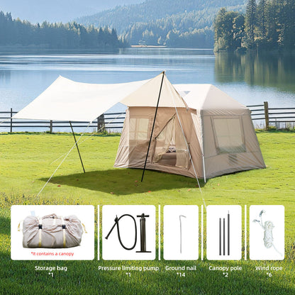Inflatable Glamping Tent with Detachable Canopy & Skylight | 4-Season Waterproof Cotton Air Tent with Mesh Windows & Pump — 4 Person