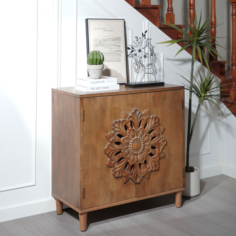 Rustic Hand-Carved 2-Door Accent Cabinet Boho Floral Storage Sideboard with Solid Wood Legs