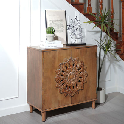 Rustic Hand-Carved 2-Door Accent Cabinet Boho Floral Storage Sideboard with Solid Wood Legs