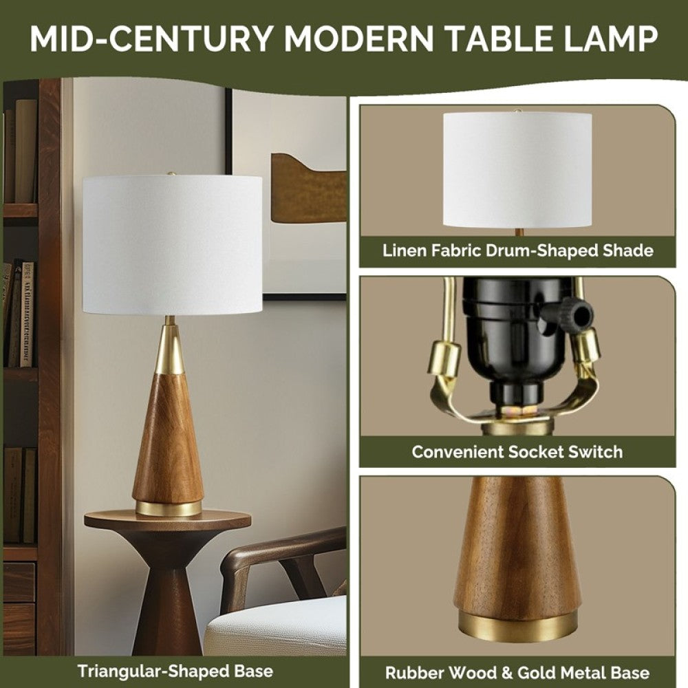Mid-Century Triangle Table Lamp – Espresso Wood & Antique Brass, White Linen Shade