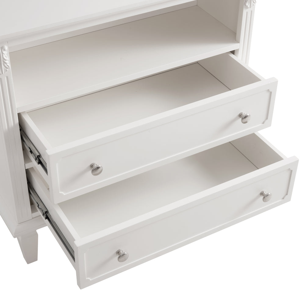 Farmhouse Nightstand with Charging Station | 2 Drawers & Open Shelf | Fluted Side Table with Solid Wood Legs