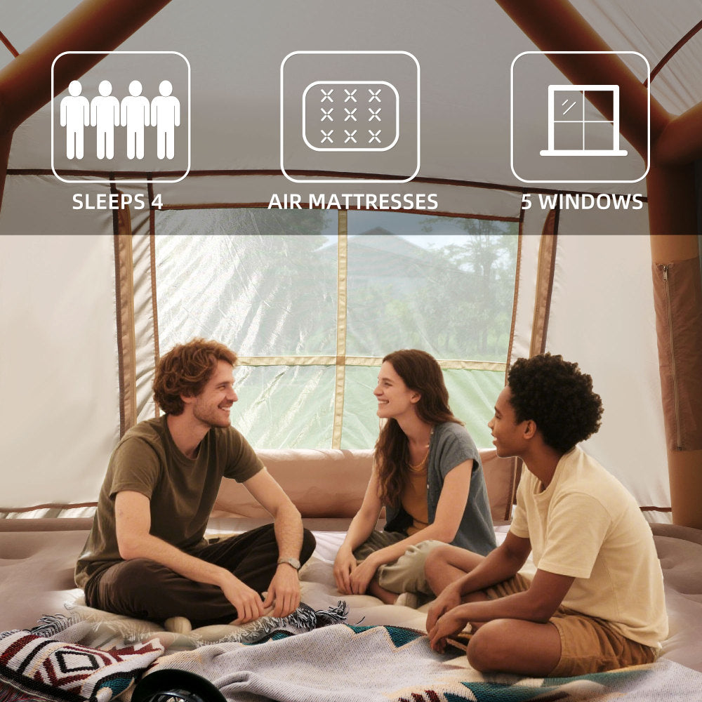 Inflatable Glamping Tent with Detachable Canopy & Skylight | 4-Season Waterproof Cotton Air Tent with Mesh Windows & Pump — 4 Person