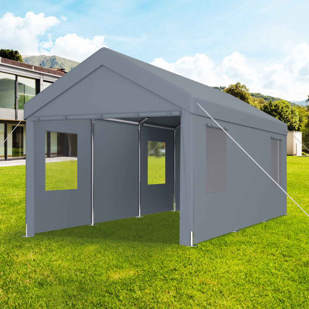 10×20 FT Portable Carport Garage | Heavy-Duty Galvanized Steel Frame with 2 Roll-Up Doors & 4 Ventilated Windows — White / Grey