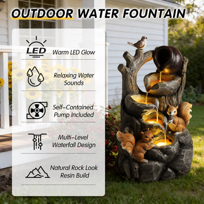 Squirrel Outdoor Water Fountain with LED Lights | Resin Tree Stump & Pouring Jug Waterfall Garden Decor for Patio, Yard & Porch