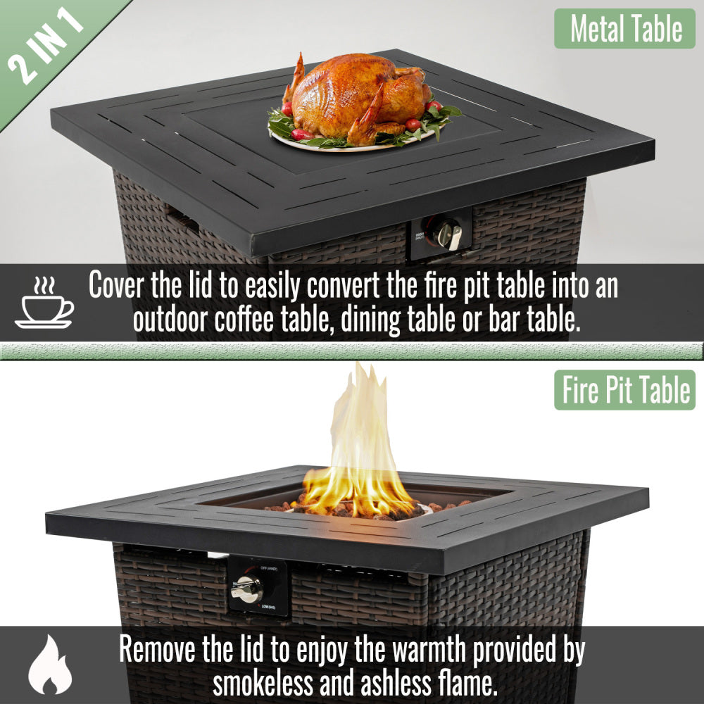 28" Square Propane Fire Pit Table | 50,000 BTU Wicker & Steel Fire Table with Decorative Stones & Steel Lid — Black