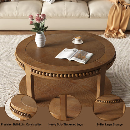 31.5" Round Solid Wood Coffee Table — Two-Tier Shelf, Natural Finish