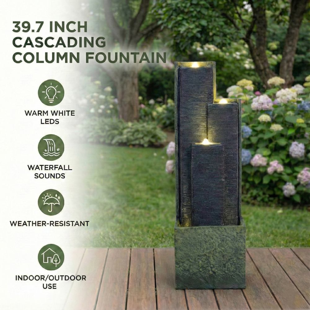 39" Freestanding Outdoor Waterfall Fountain with LED Light | Cascading Tiered Resin Garden Fountain for Patio, Porch & Backyard