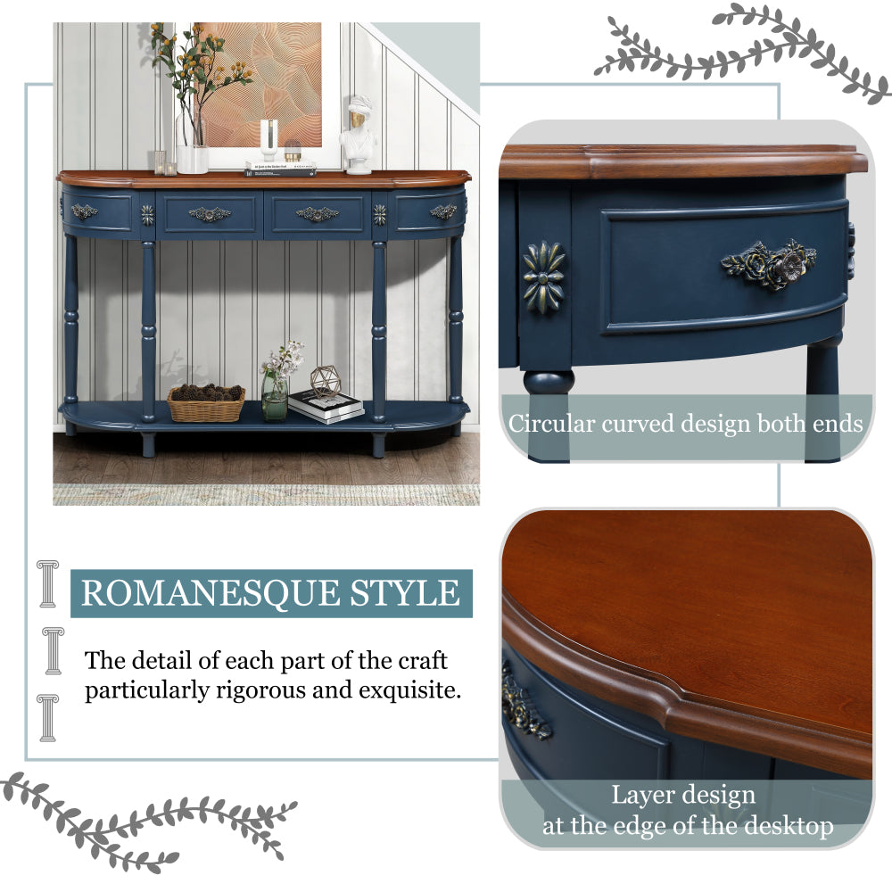Retro Half-Moon Console Table with 2 Drawers & Open Shelf | 52" Curved Solid Wood Sofa Table — Navy Blue & Brown