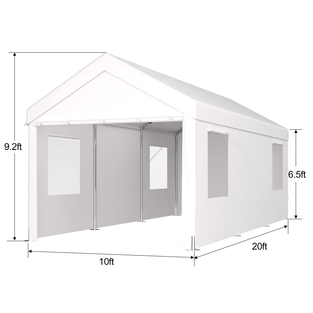 10×20 FT Portable Carport Garage | Heavy-Duty Galvanized Steel Frame with 2 Roll-Up Doors & 4 Ventilated Windows — White / Grey