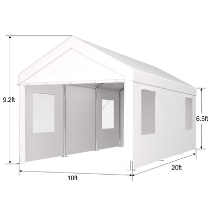 10×20 FT Portable Carport Garage | Heavy-Duty Galvanized Steel Frame with 2 Roll-Up Doors & 4 Ventilated Windows — White / Grey