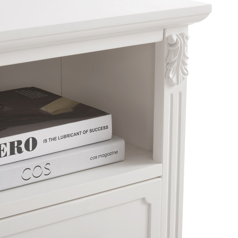 Farmhouse Nightstand with Charging Station | 2 Drawers & Open Shelf | Fluted Side Table with Solid Wood Legs