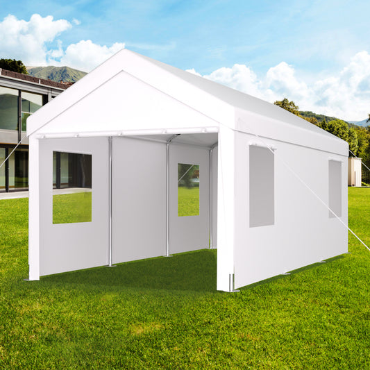 10×20 FT Portable Carport Garage | Heavy-Duty Galvanized Steel Frame with 2 Roll-Up Doors & 4 Ventilated Windows — White / Grey
