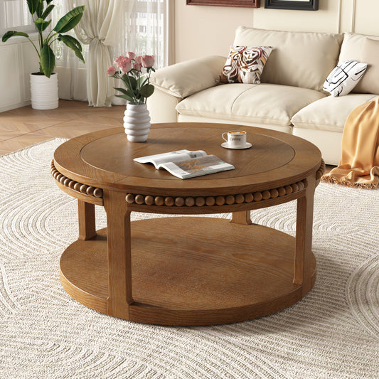 31.5" Round Solid Wood Coffee Table — Two-Tier Shelf, Natural Finish Walnut
