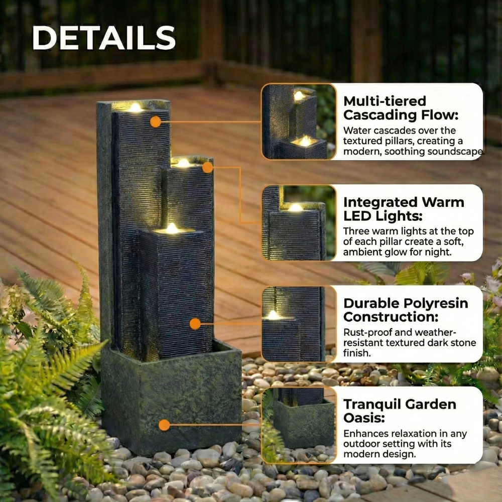 39" Freestanding Outdoor Waterfall Fountain with LED Light | Cascading Tiered Resin Garden Fountain for Patio, Porch & Backyard