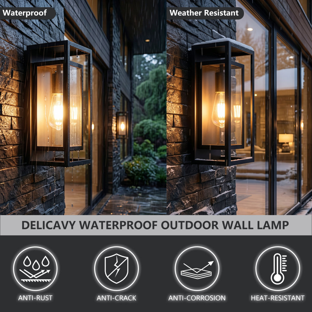 Black Outdoor Wall Lantern | IP65 Waterproof Coach Light with Clear Glass & E26 Socket — 2 Sizes, 2-Pack for Porch, Garage & Front Door