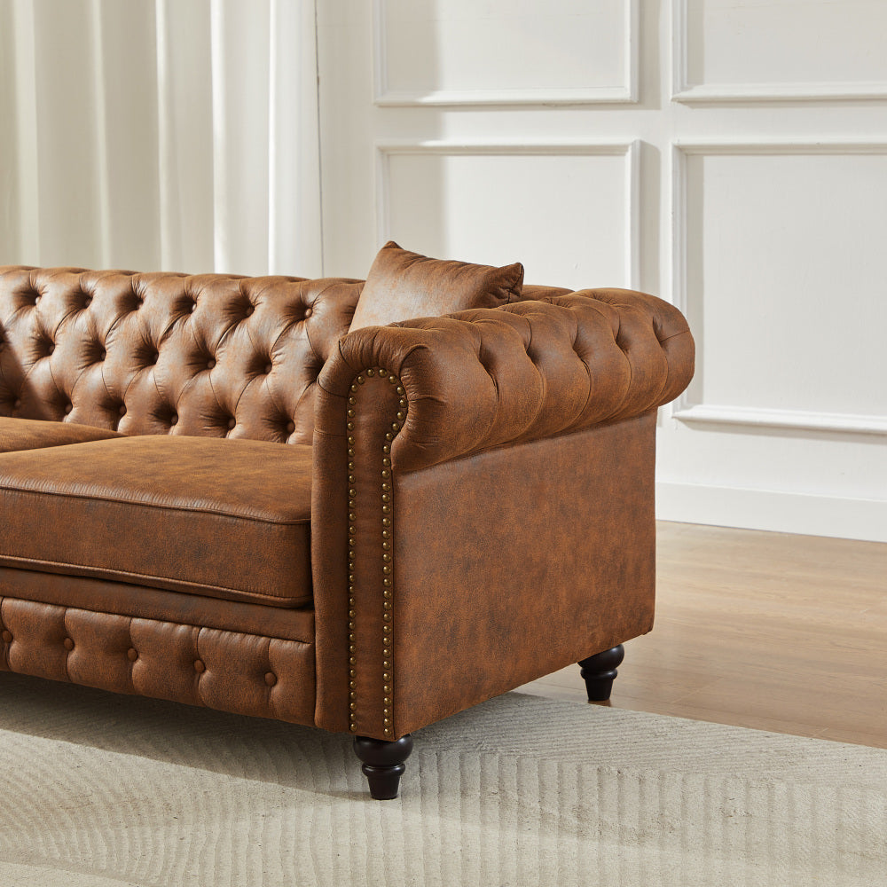 85.5" Chesterfield Sofa 3-Seater | Tech Fabric with Button Tufting, Rolled Arms & Wood Legs — Brown / Black