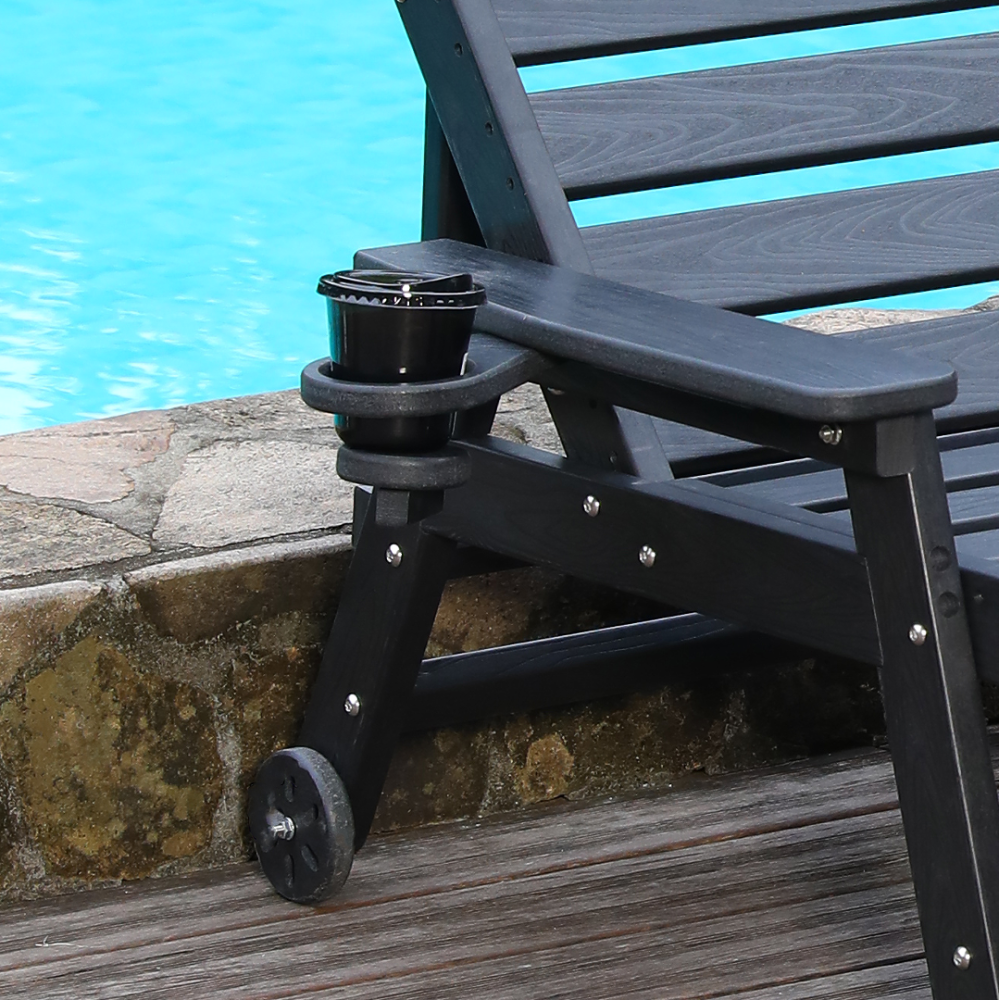 HDPE Chaise Lounge Chair | 4-Position Adjustable Outdoor Pool Lounger with Wheels & Cup Holder, 360 lb Capacity — Black