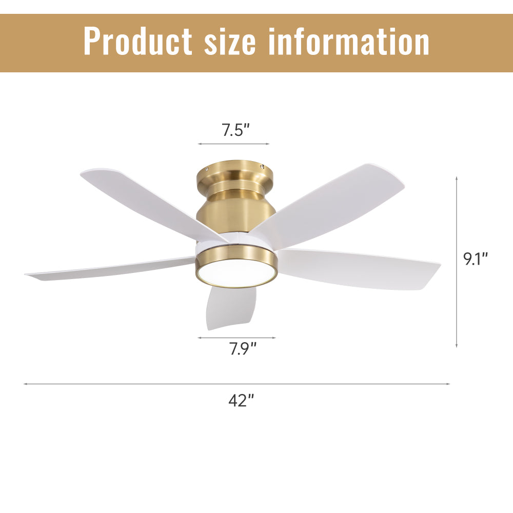 42" Flush Mount Ceiling Fan with LED Light & Remote – Dimmable 3CCT, Reversible DC Motor | Black, Gold & Black+Gold