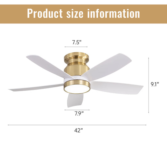 42" Flush Mount Ceiling Fan with LED Light & Remote – Dimmable 3CCT, Reversible DC Motor | Black, Gold & Black+Gold