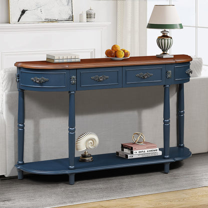 Retro Half-Moon Console Table with 2 Drawers & Open Shelf | 52" Curved Solid Wood Sofa Table — Navy Blue & Brown