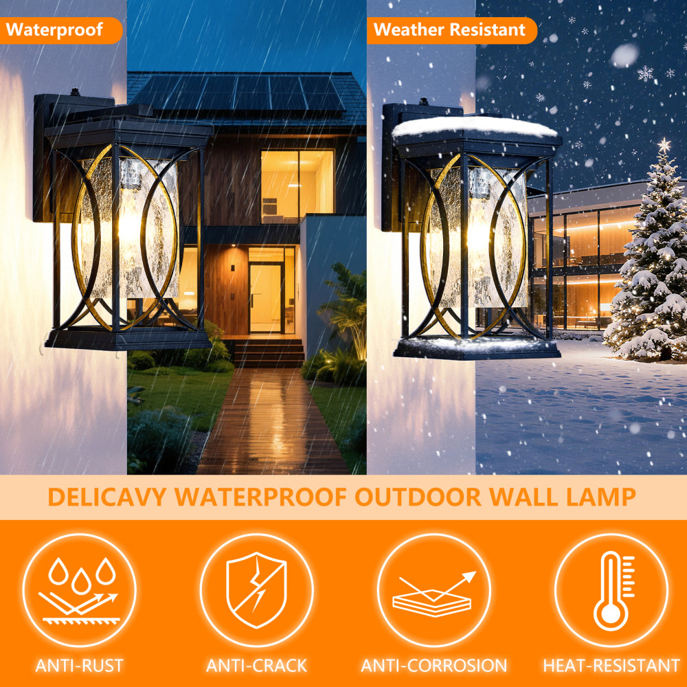 13.8" Oil-Rubbed Bronze Outdoor Wall Lantern | IP65 Waterproof Dusk-to-Dawn Sconce with Crack-Glass & Manual Override — Porch, Garage & Front Door