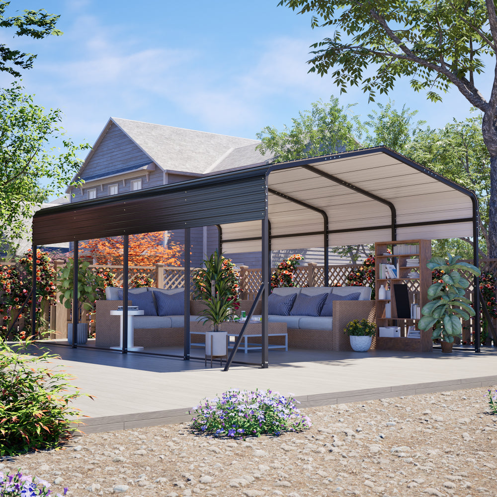 13×20 FT Metal Carport | Heavy-Duty Galvanized Steel Hardtop with Triangle Reinforced Frame & 4 Poles — All-Weather Vehicle & Outdoor Storage Shelter