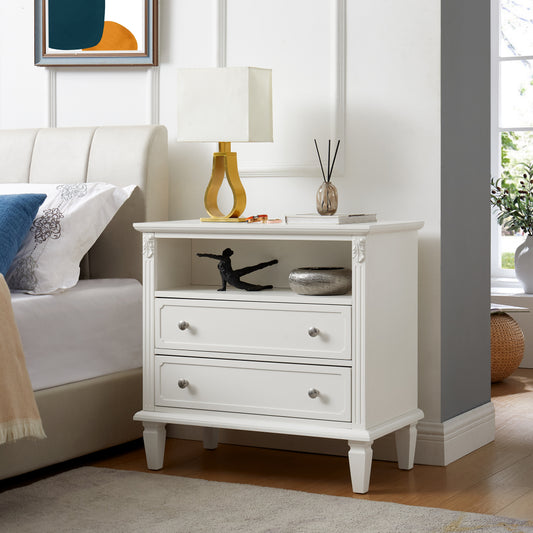 Farmhouse Nightstand with Charging Station | 2 Drawers & Open Shelf | Fluted Side Table with Solid Wood Legs