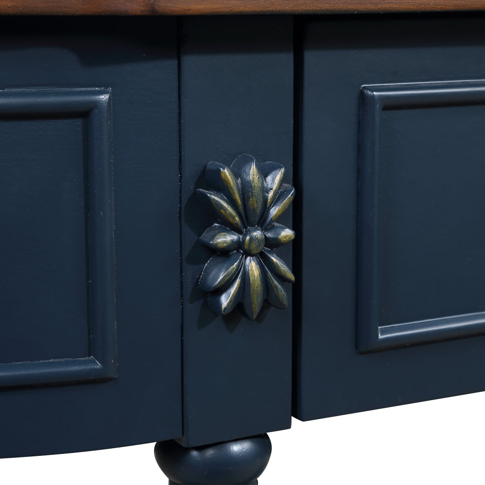 Retro Half-Moon Console Table with 2 Drawers & Open Shelf | 52" Curved Solid Wood Sofa Table — Navy Blue & Brown
