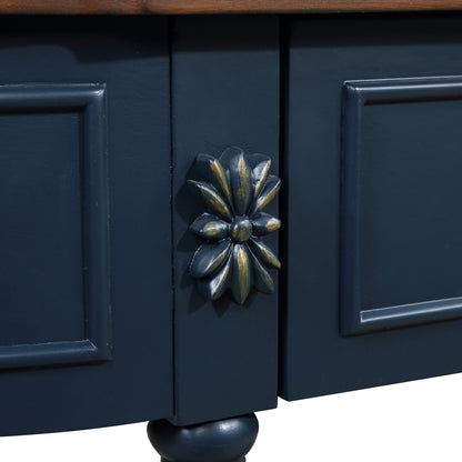 Retro Half-Moon Console Table with 2 Drawers & Open Shelf | 52" Curved Solid Wood Sofa Table — Navy Blue & Brown