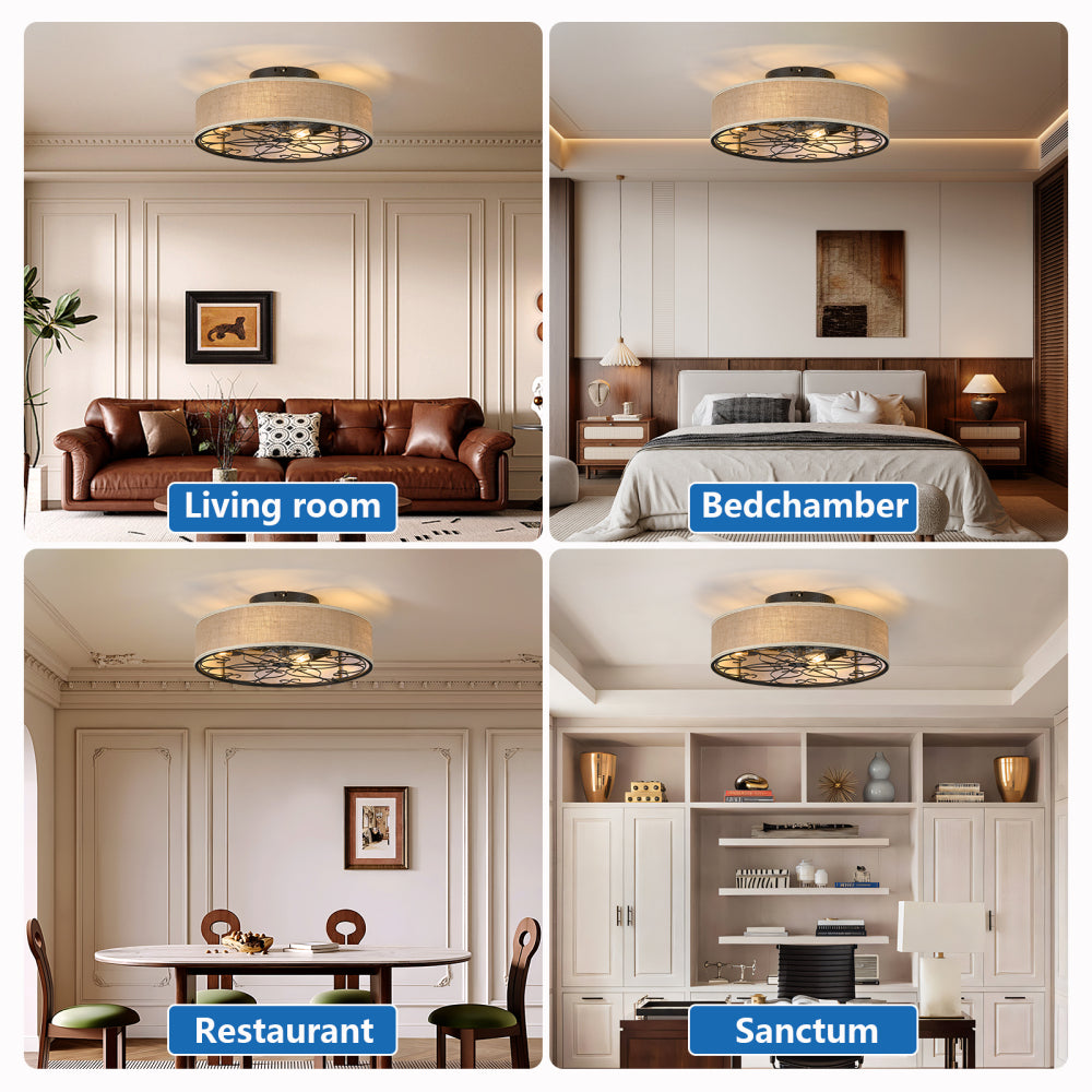 20" Caged Ceiling Fan with LED Light & Remote – Linen Fabric Shade, 6 Speeds, Reversible DC Motor | Farmhouse Flush Mount