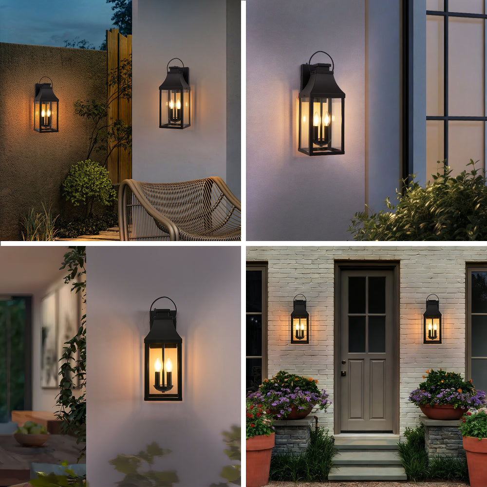 20" Dusk-to-Dawn Outdoor Wall Light | 2-Light Black Waterproof Porch Sconce with Tempered Glass — Garage, Patio & Front Door (1 or 2 Pack)