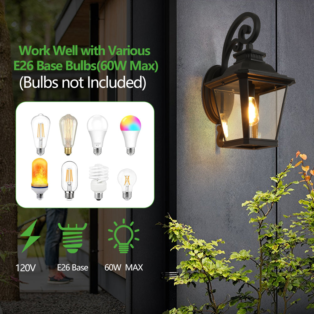 Vintage Black Outdoor Wall Lantern – 21" Farmhouse Sconce with Clear Glass & Scroll Detail