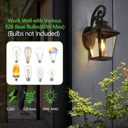 Vintage Black Outdoor Wall Lantern – 21" Farmhouse Sconce with Clear Glass & Scroll Detail