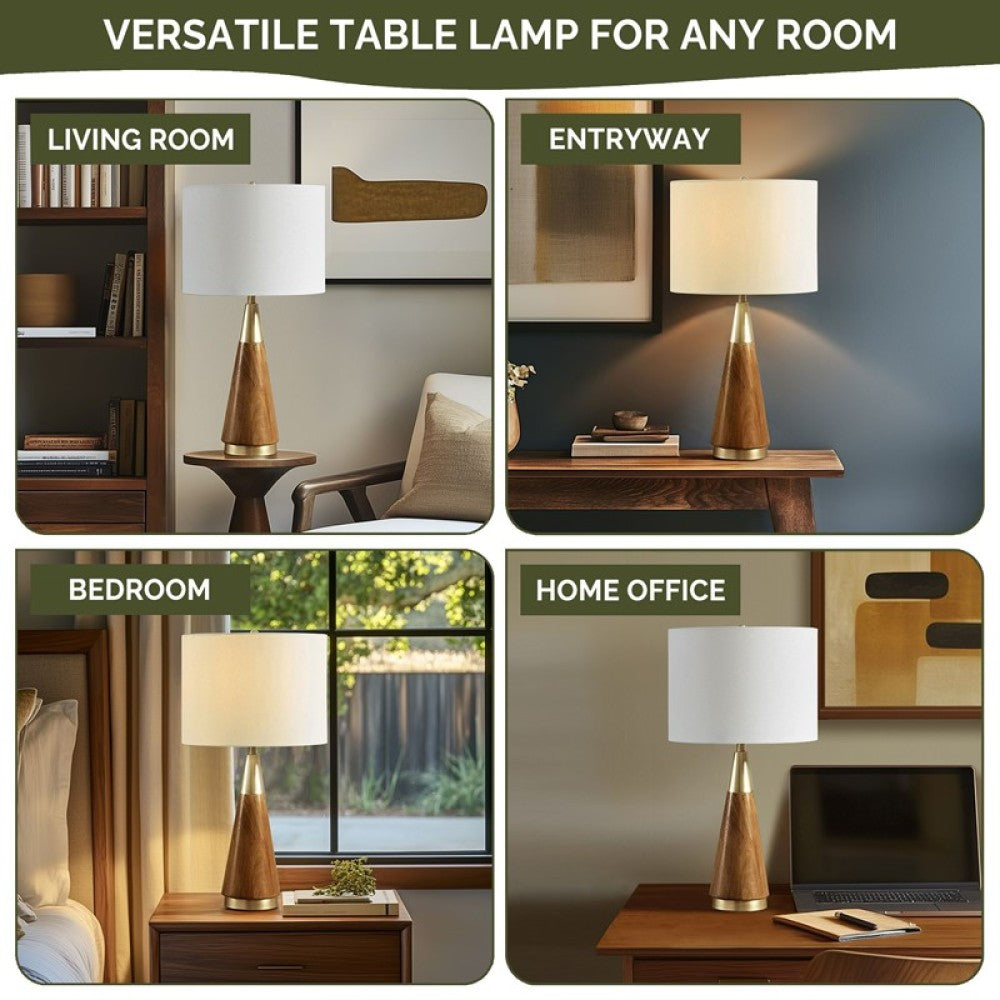 Mid-Century Triangle Table Lamp – Espresso Wood & Antique Brass, White Linen Shade