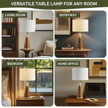 Mid-Century Triangle Table Lamp – Espresso Wood & Antique Brass, White Linen Shade