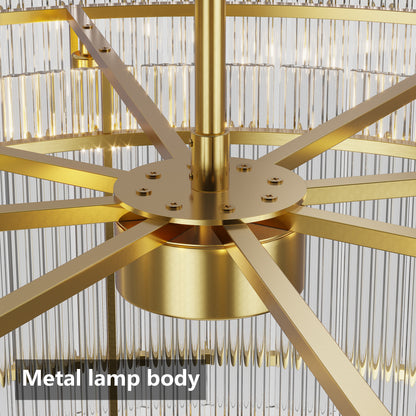 Gold metal base and frame of Water Ripple Crystal Glass Chandelier with corrugated glass panels.