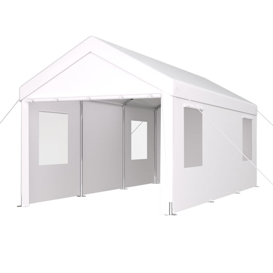 10×20 FT Portable Carport Garage | Heavy-Duty Galvanized Steel Frame with 2 Roll-Up Doors & 4 Ventilated Windows — White / Grey